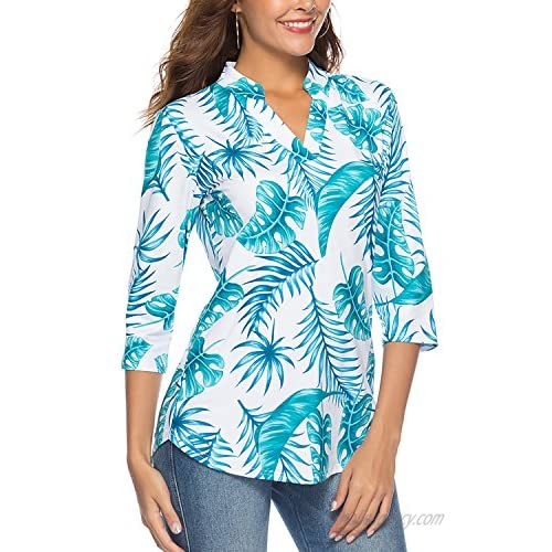 CEASIKERY Women's 3/4 Sleeve Floral V Neck Tops Casual Tunic Blouse Loose Shirt 003