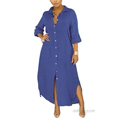 Chatinction Women Solid Color 3/4 Rolled-Up Sleeve Dress Sexy Buttons Down Side Slit Shirts Maxi Dresses