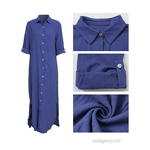 Chatinction Women Solid Color 3/4 Rolled-Up Sleeve Dress Sexy Buttons Down Side Slit Shirts Maxi Dresses