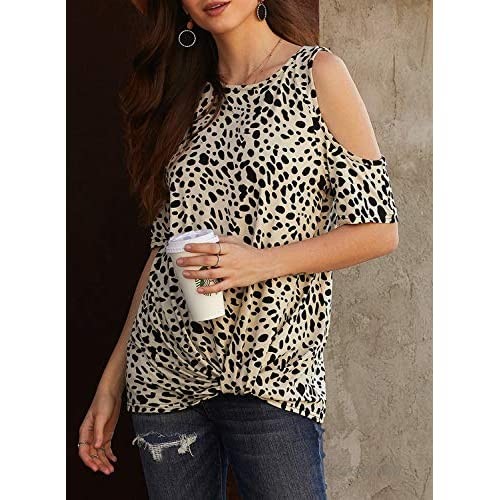 Dokotoo Womens T Shirt Leopard Print Tops Short Sleeve Casual Cold Shoulder Twist Blouses S-2XL