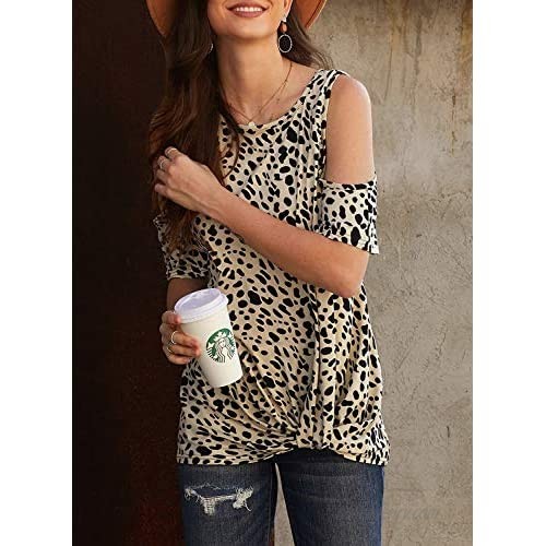Dokotoo Womens T Shirt Leopard Print Tops Short Sleeve Casual Cold Shoulder Twist Blouses S-2XL