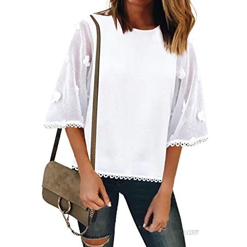 FARYSAYS Women's Summer Sheer 3/4 Bell Sleeve Crewneck T Shirts Casual Loose Blouse Tops