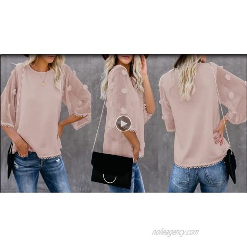 FARYSAYS Women's Summer Sheer 3/4 Bell Sleeve Crewneck T Shirts Casual Loose Blouse Tops
