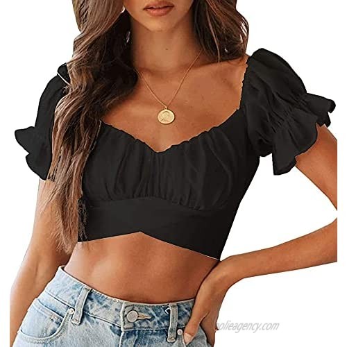 Fashion Summer Short Sleeve Ruffle Blouse Tank Crop Tops for Women Casual Tie Up Back
