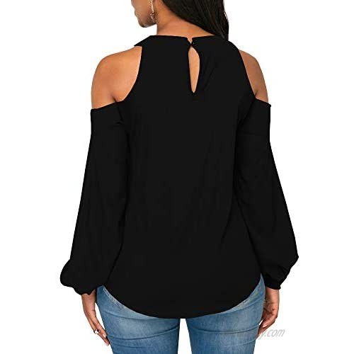 Fisoew Women's Cold Shoulder Tops Long Sleeve Round Neck Solid Color T Shirts Blouse