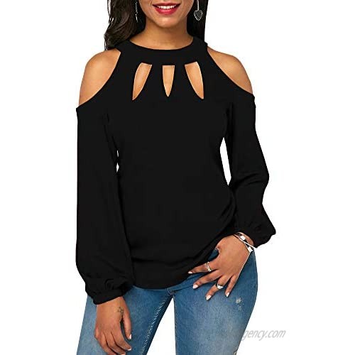 Fisoew Women's Cold Shoulder Tops Long Sleeve Round Neck Solid Color T Shirts Blouse