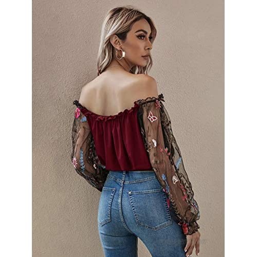 Floerns Women's Off Shoulder Floral Mesh Embroidery Sleeve Blouse Crop Top