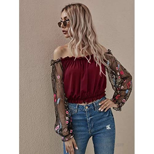 Floerns Women's Off Shoulder Floral Mesh Embroidery Sleeve Blouse Crop Top