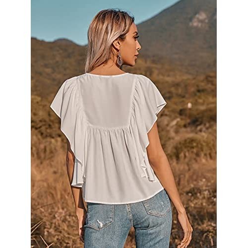 Floerns Women's Solid Ruffle Short Sleeve V Neck Button Front Blouse Tops