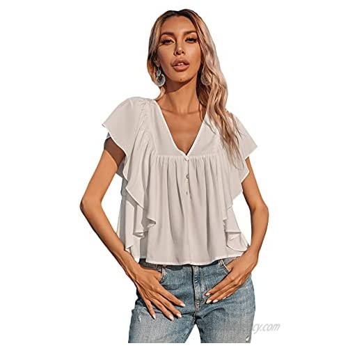 Floerns Women's Solid Ruffle Short Sleeve V Neck Button Front Blouse Tops