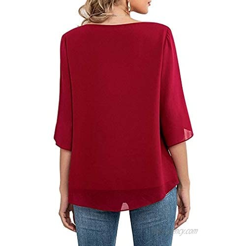 Heltapy Womens Casual Ruffle 3/4 Sleeve Scoop Neck Relaxed-Fit Loose Top Chiffon Swing Flowy Hem Blouse Shirt Tops