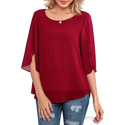 Heltapy Womens Casual Ruffle 3/4 Sleeve Scoop Neck Relaxed-Fit Loose Top Chiffon Swing Flowy Hem Blouse Shirt Tops