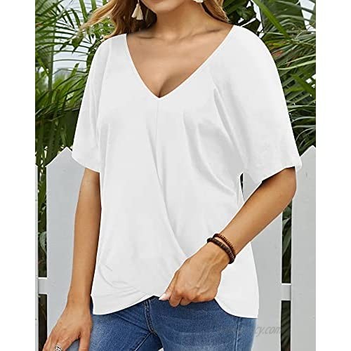 HERLOLLYCHIPS Women T Shirts Short Sleeve V Neck Tops Front Twist Knot Tunic Blouses Causal Loose Fit