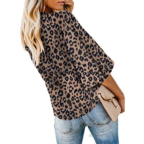 HOTAPEI Womens Fashion 2021 Summer Casual Deep V-Neck Button Down Flutter 3/4 Sleeve Front Tie Tops and Blouses Loose Fit T Shirts Leopard US 12 14