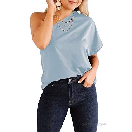 Kikula 2021 Casual Loose Tops for Women One Shoulder Blouses Sexy Satin T Shirts Wing Sleeve