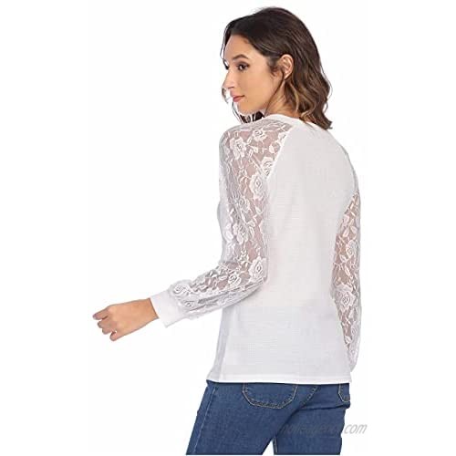 Leaduty Womens Waffle Knitted Fabric Tops and Long Sleeve Blouses Casual Lace Shirts Tunics