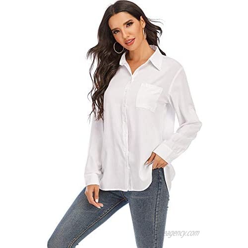 LUSMAY Womens Button Down Blouses Loose Roll Up Sleeve Boyfriend Shirts Business