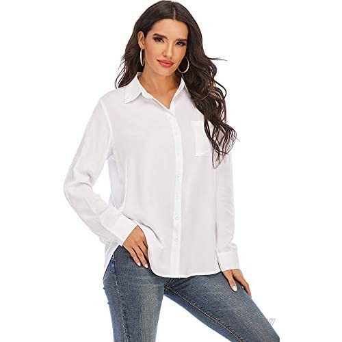 LUSMAY Womens Button Down Blouses Loose Roll Up Sleeve Boyfriend Shirts Business