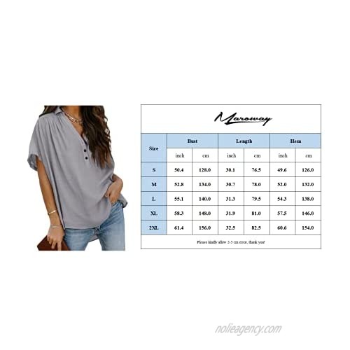 Maroway Womens V Neck Button Down Shirts Short Sleeve Ruched Collar Blouses Casual Pleated High Low Tunic Tops