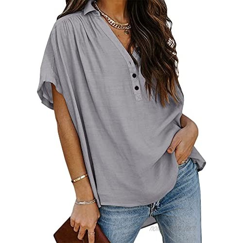 Maroway Womens V Neck Button Down Shirts Short Sleeve Ruched Collar Blouses Casual Pleated High Low Tunic Tops