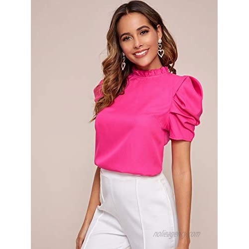 Milumia Women Mock Neck Puff Sleeve Chiffon Blouse Frilled Work Office Solid Top