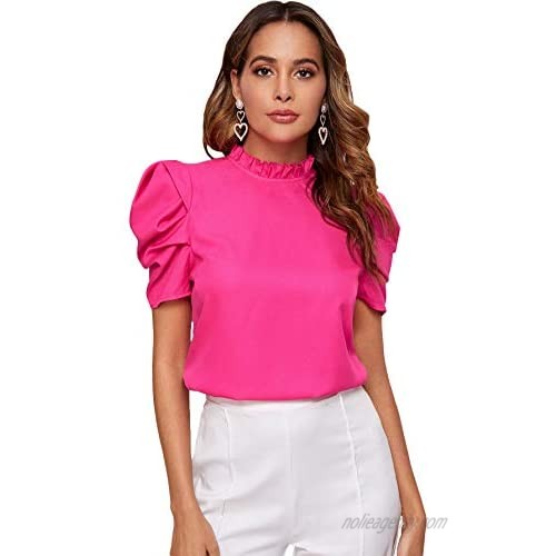 Milumia Women Mock Neck Puff Sleeve Chiffon Blouse Frilled Work Office Solid Top