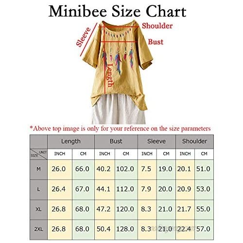 Minibee Women's Boho Embroidered Tops Short Sleeve Bohemian Linen Shirts Casual Mexican Blouses