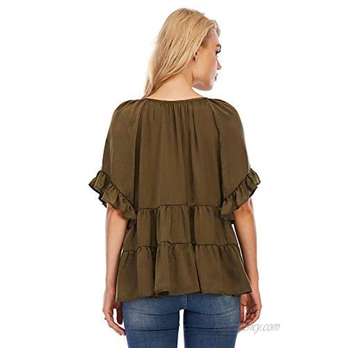 Nother Women's Casual Ruffle Sleeve Loose Lightweight Solid Color Top Blouse (Green Medium)