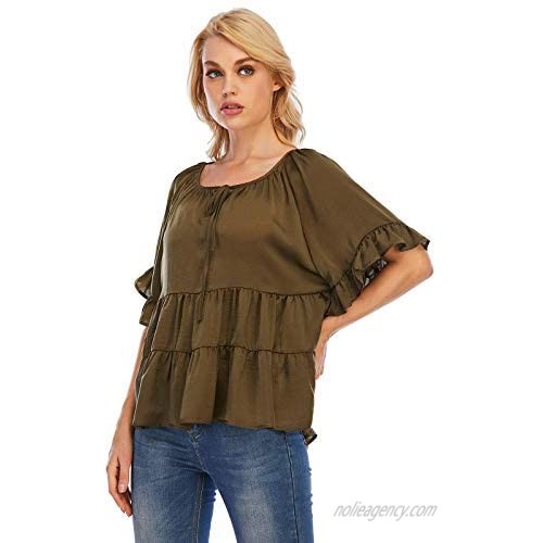 Nother Women's Casual Ruffle Sleeve Loose Lightweight Solid Color Top Blouse (Green Medium)