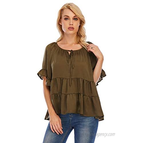 Nother Women's Casual Ruffle Sleeve Loose Lightweight Solid Color Top Blouse (Green  Medium)