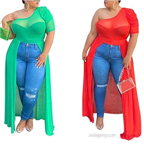 Plus Size High Low Tops for Women - Mesh See Through Puff Sleeve One Off Shoulder Asymmetrical Tunic Shirt Dresses