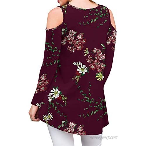 PrinStory Women's Long Sleeve Floral Print Casual Cold Shoulder Tunic Tops Loose Blouse Shirts Wine Red-US X-Large