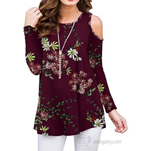 PrinStory Women's Long Sleeve Floral Print Casual Cold Shoulder Tunic Tops Loose Blouse Shirts Wine Red-US X-Large