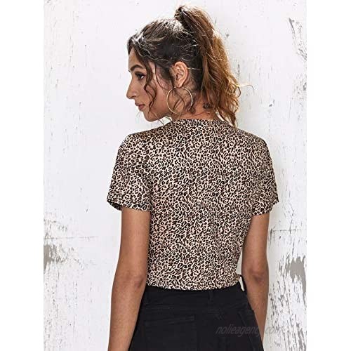 Romwe Women's Sexy Leopard Print Tie Knot Front Deep V Neck Short Sleeve Crop Tops Blouse
