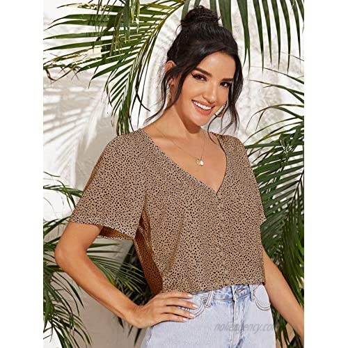SOLY HUX Women's V Neck Button Front Short Sleeve Polka Dots Crop Top Blouse