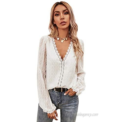 SOLY HUX Women's V Neck Lace Trim Puff Long Sleeve Swiss Dots Blouse Top