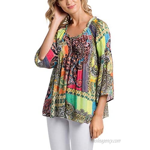 Spense Womens Apparel V-Neck Smock Pleated Printed Blouse - 3/4 Flowy Sleeves