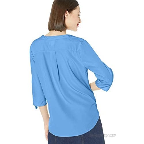 TRES JOLIE Women's Aster Pleated V Neck with Tab Sleeve Woven Top