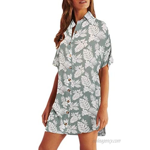 WEEPINLEE Women's Half Sleeve Flower Print Casual Loose Button Down Shirt Beach Dresses