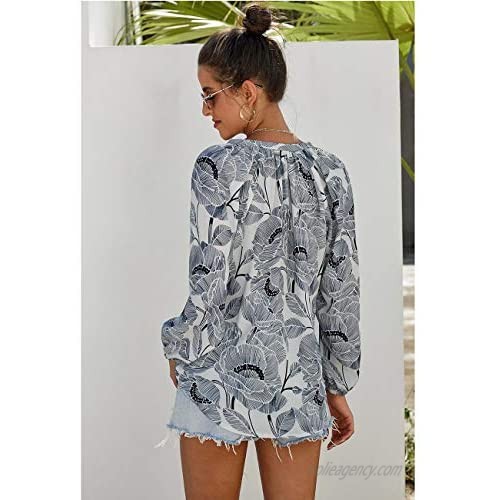 Wolddress Womens Loose 3/4 Sleeve Shirt Top Casual Printed V Neck Blouses