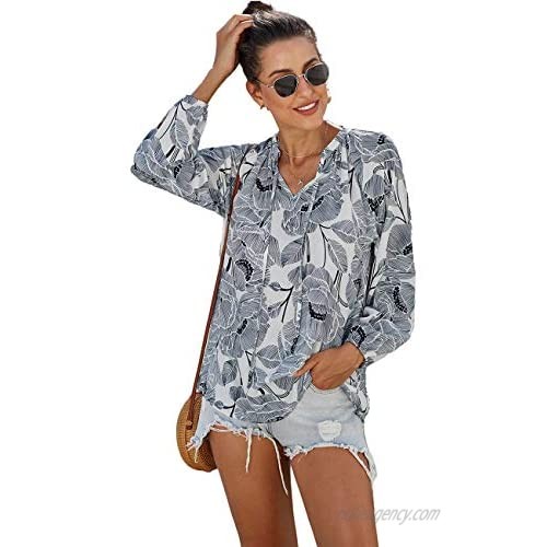 Wolddress Womens Loose 3/4 Sleeve Shirt Top Casual Printed V Neck Blouses