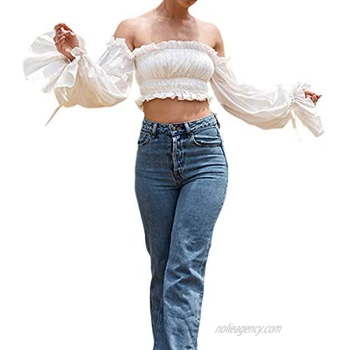 Women Flare Puff Sleeve Off Shoulder Blouse Tops Long Sleeve Ruffle Crop Tops Open Front Lace Up Shirt Clubwear