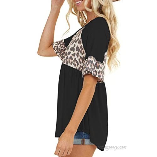 Women Leopard Print Ruffle Sleeve Tops Pleated Hem High Low Peplum Blouse Shirts