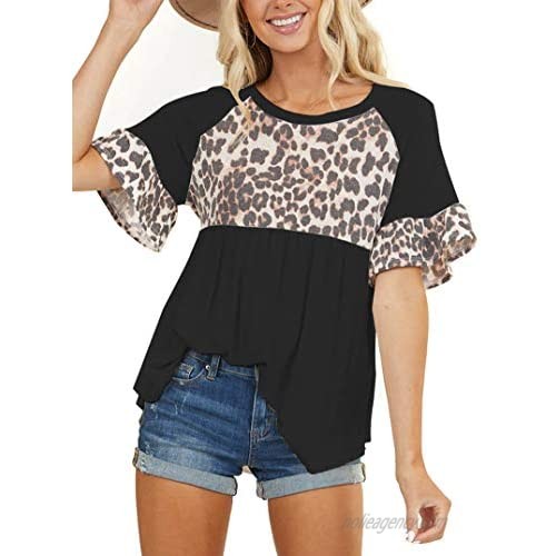 Women Leopard Print Ruffle Sleeve Tops Pleated Hem High Low Peplum Blouse Shirts