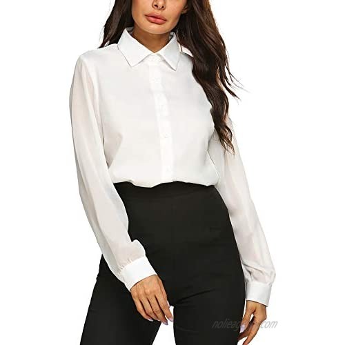 Womens Blouses Bow Tie Neck Long Sleeve Office Work Chiffon Elegant Patchwork Casual Button Down Shirts