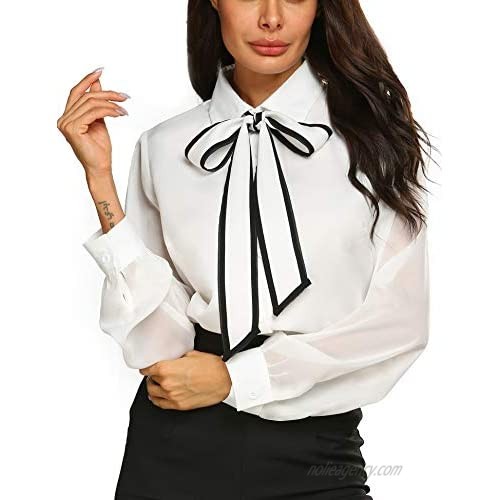 Womens Blouses Bow Tie Neck Long Sleeve Office Work Chiffon Elegant Patchwork Casual Button Down Shirts
