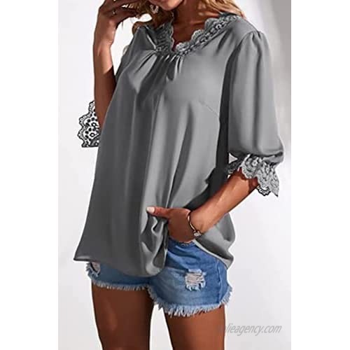Women's Fashion Lace Neck V-Neck 3/4 Lace Sleeve Top Casual Loose Casual Basic Blouses T-Shirt