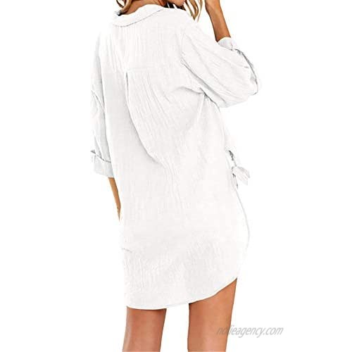 2DXuixsh Womens Oversized Button Down Shirts Linen Cotton Blouse 3//4 Sleeve Roll Up V Neck Drawstring Shirt Plain Tops