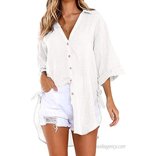 Womens Oversized Button Down Shirts Linen Cotton Blouse 3/4 Sleeve Roll Up V Neck Drawstring Shirt Plain Tops
