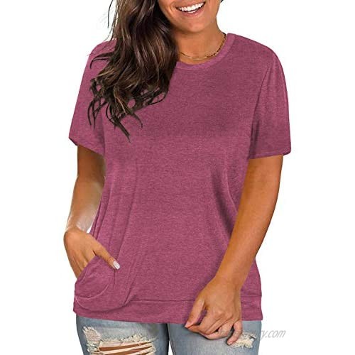 Womens Plus Size Tops Casual Solid Color T-Shirt Round Neck Blouse Tunics with Pockets